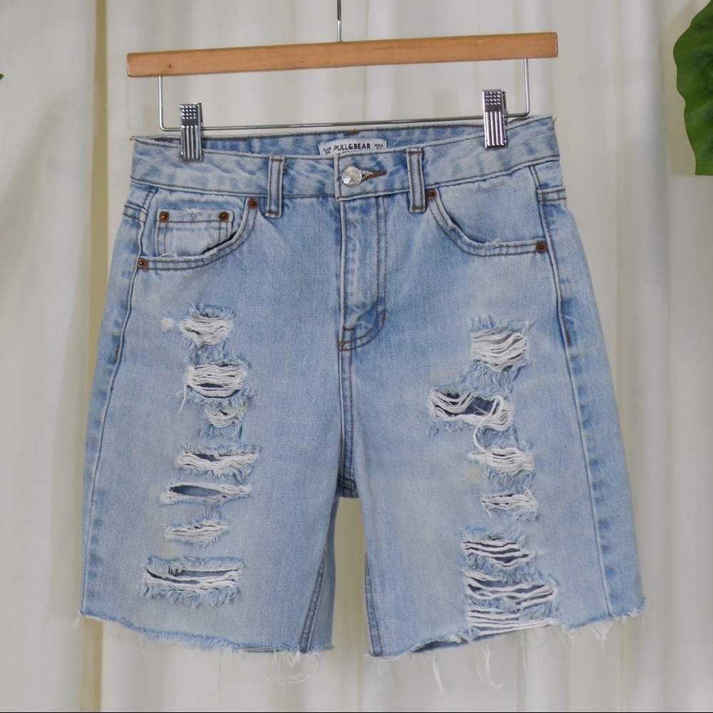 PULL & BEAR Distressed Bermuda Denim Shorts - Picture 2 of 5